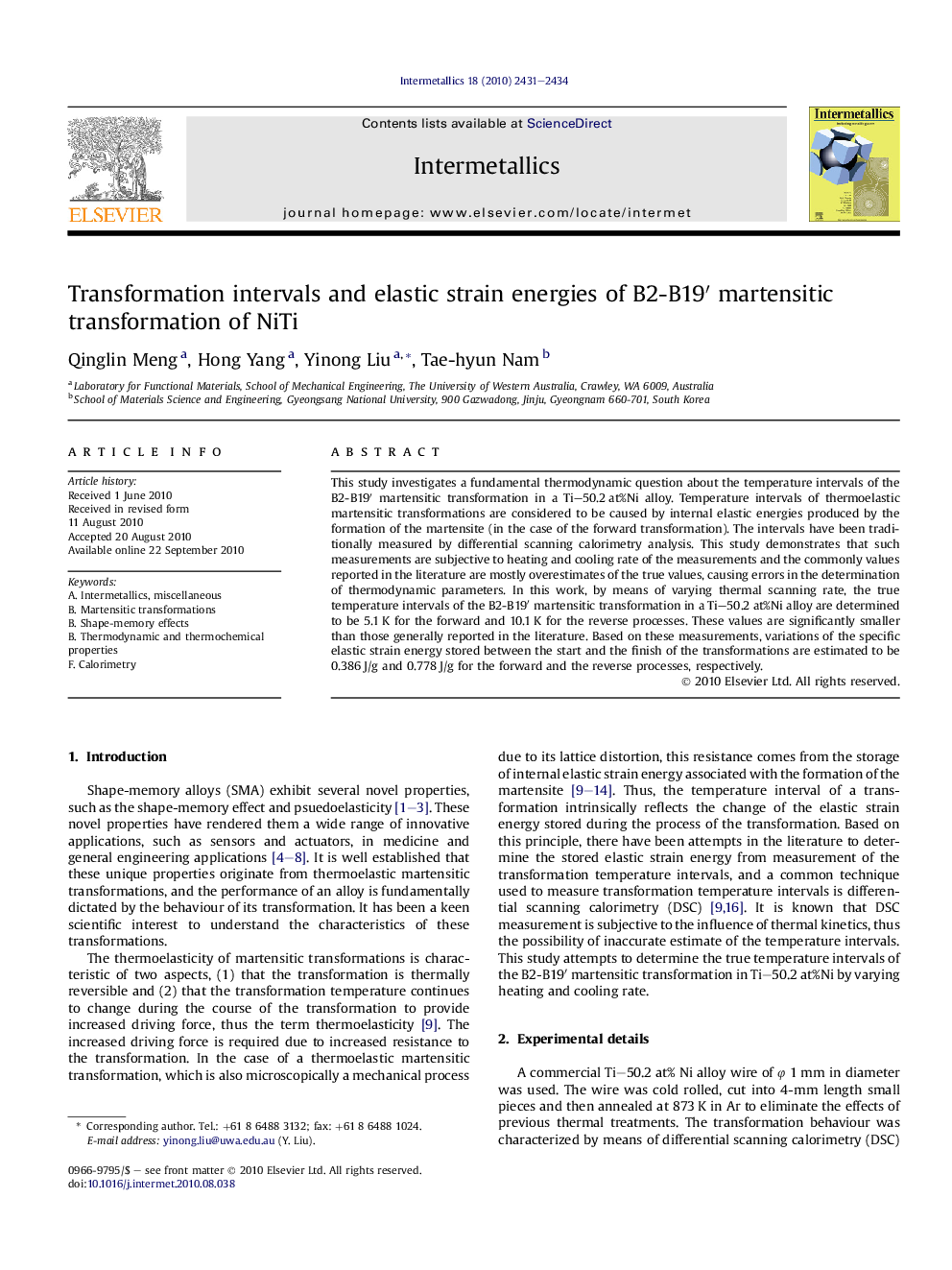 Transformation intervals and elastic strain energies of B2-B19â² martensitic transformation of NiTi