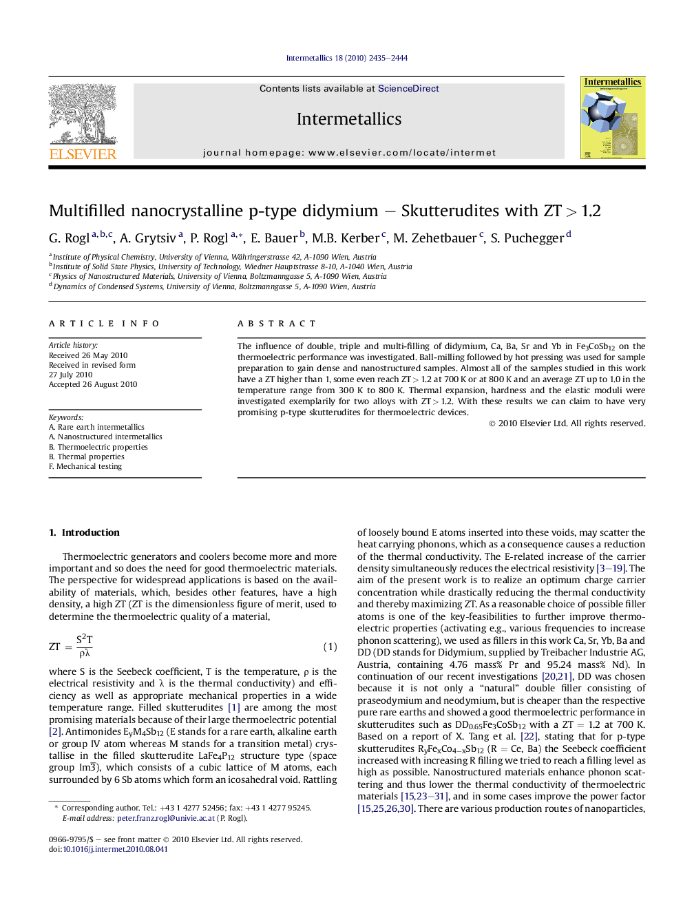 Multifilled nanocrystalline p-type didymium – Skutterudites with ZT > 1.2