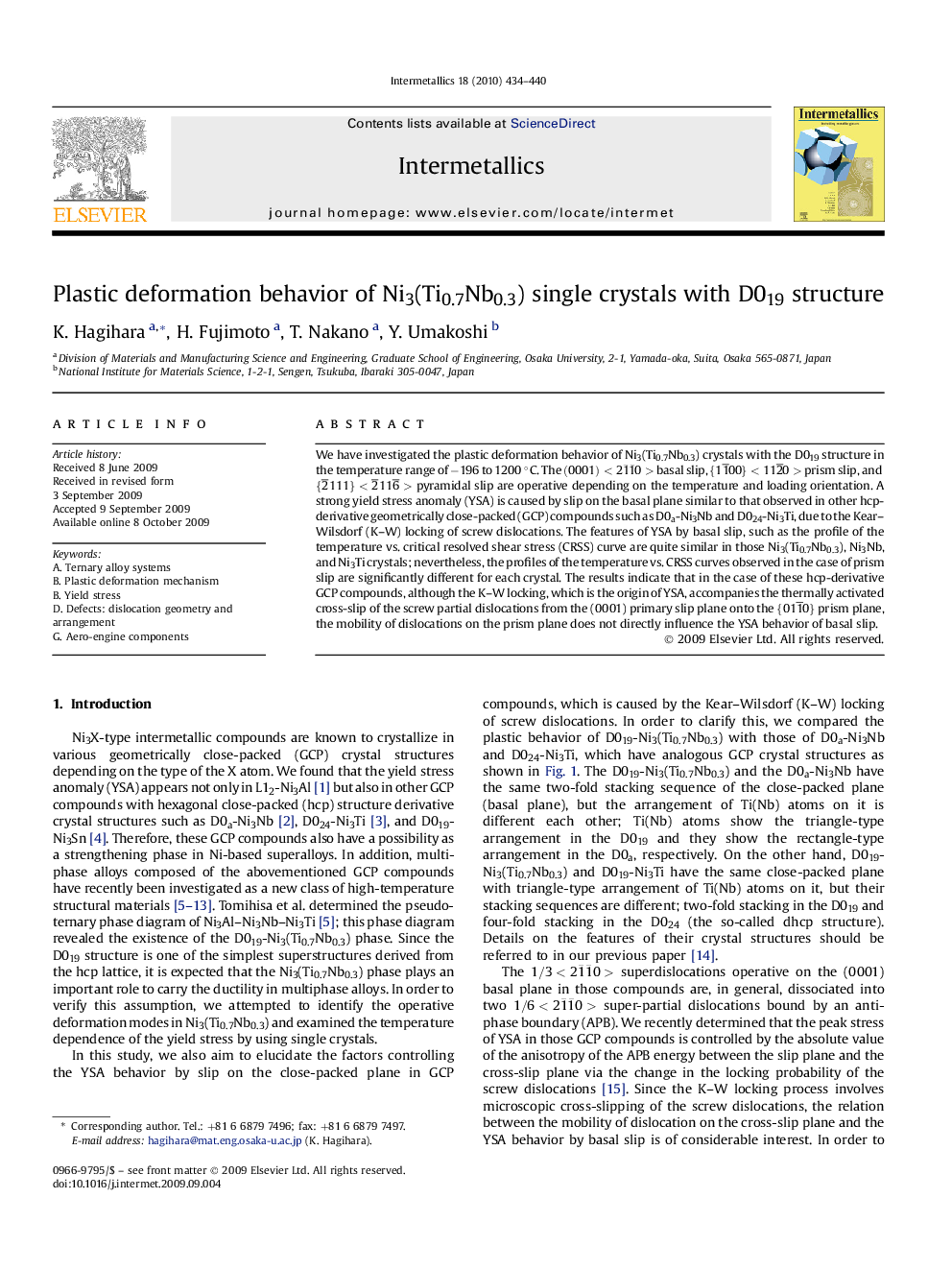 Plastic deformation behavior of Ni3(Ti0.7Nb0.3) single crystals with D019 structure