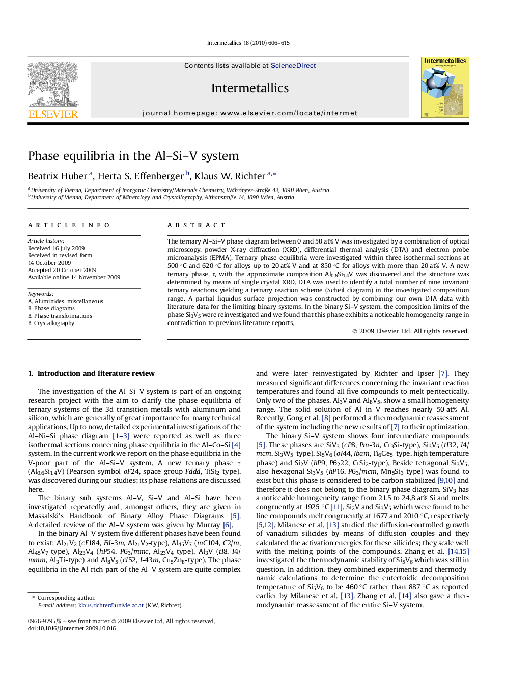 Phase equilibria in the Al–Si–V system