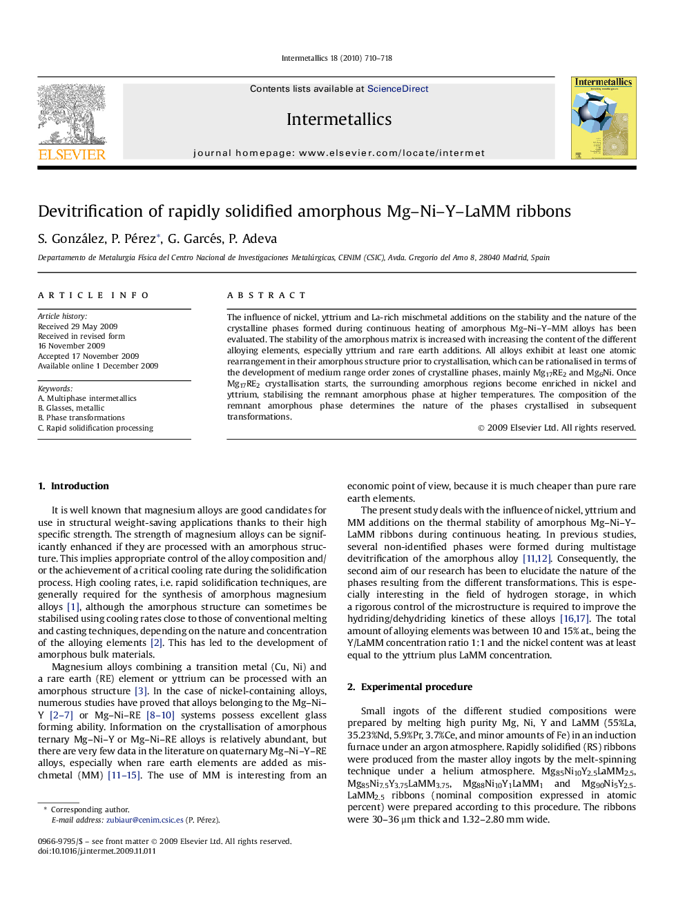 Devitrification of rapidly solidified amorphous Mg–Ni–Y–LaMM ribbons