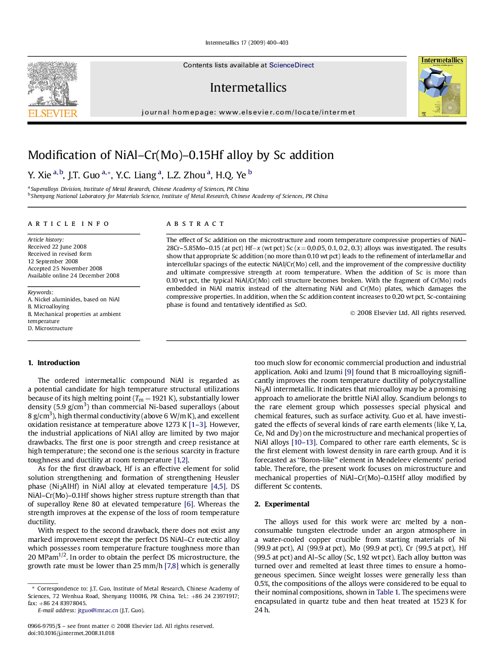 Modification of NiAl–Cr(Mo)–0.15Hf alloy by Sc addition