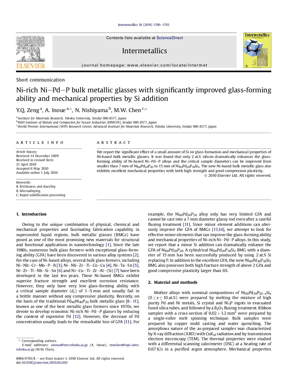 Ni-rich Ni–Pd–P bulk metallic glasses with significantly improved glass-forming ability and mechanical properties by Si addition