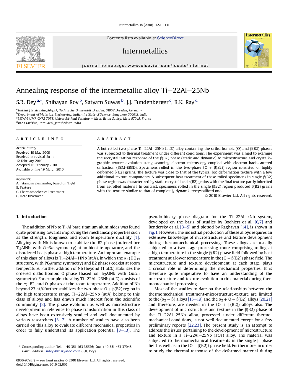 Annealing response of the intermetallic alloy Ti-22Al-25Nb