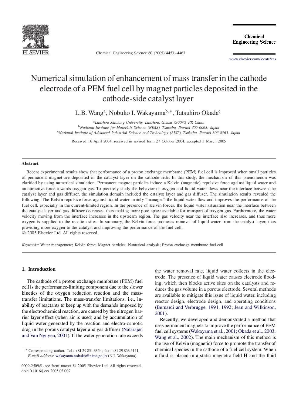 عکس صفحه اول مقاله: Numerical simulation of enhancement of mass transfer in the cathode electrode of a PEM fuel cell by magnet particles deposited in the cathode-side catalyst layer Numerical simulation of enhancement of mass transfer in the cathode electrode of a PEM fuel cell by magnet particles deposited in the cathode-side catalyst layer