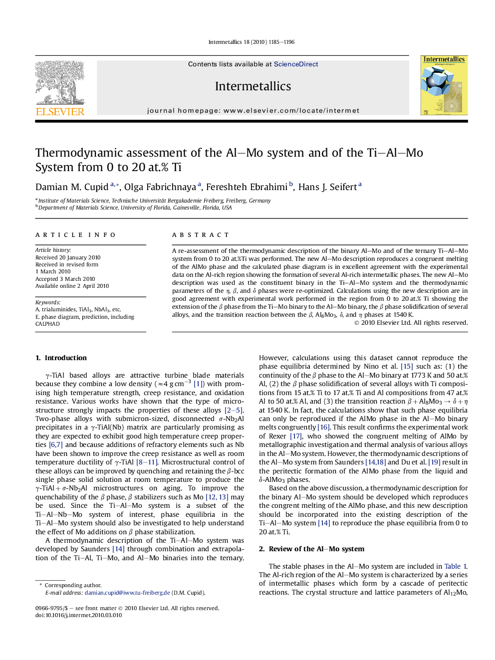 Thermodynamic assessment of the Al–Mo system and of the Ti–Al–Mo System from 0 to 20 at.% Ti