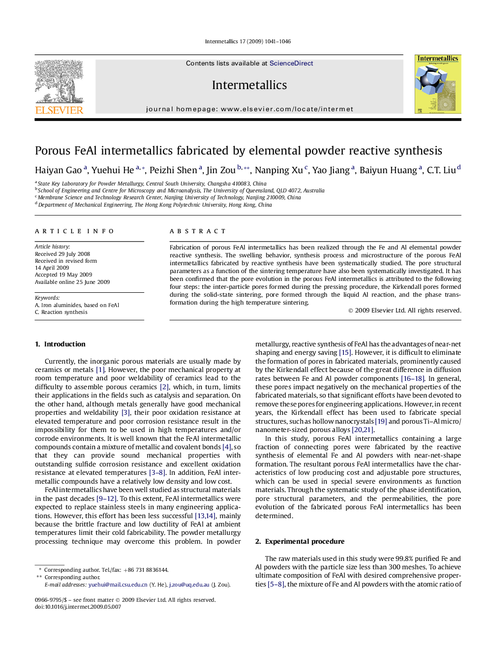 Porous FeAl intermetallics fabricated by elemental powder reactive synthesis