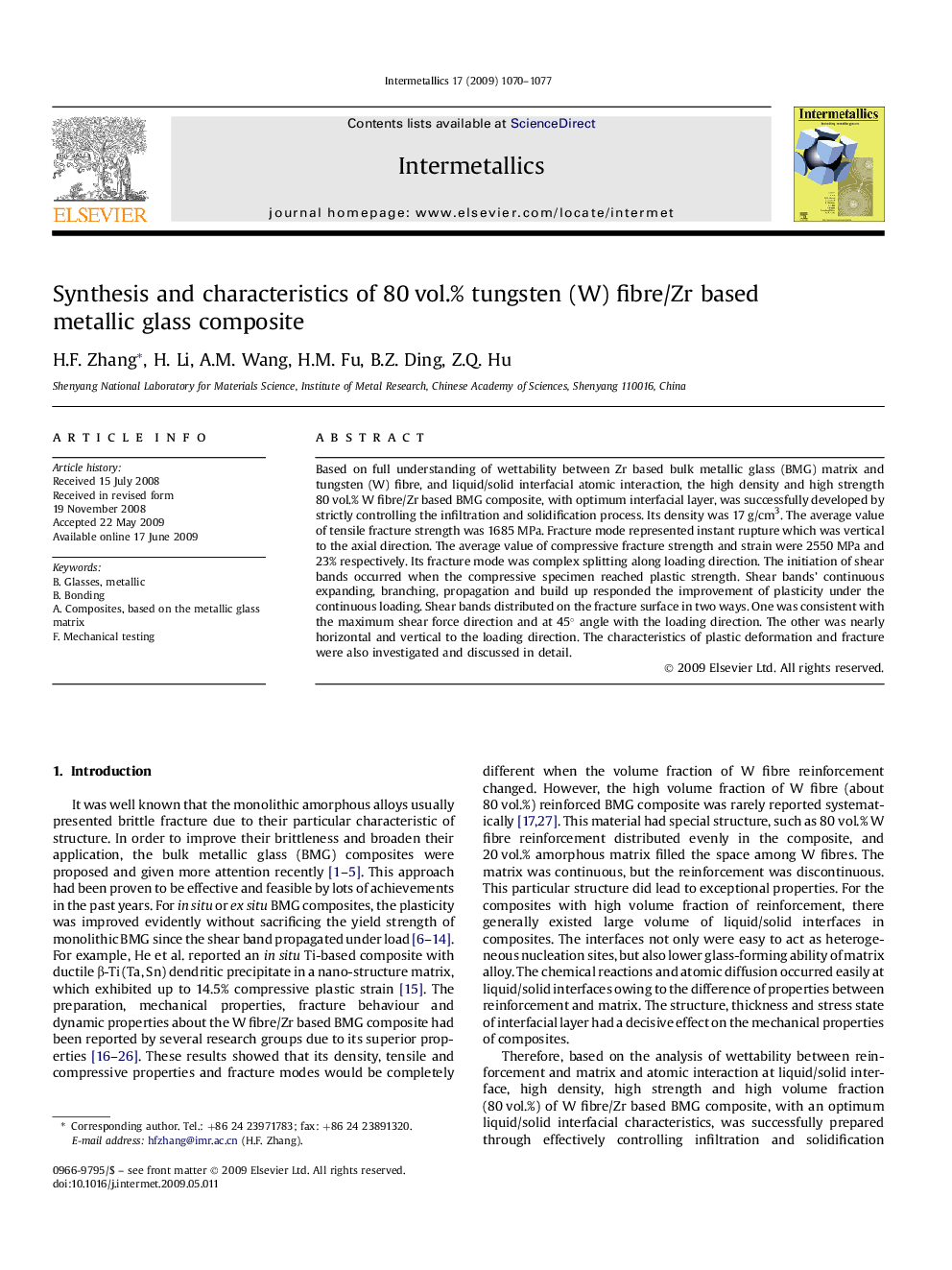 Synthesis and characteristics of 80 vol.% tungsten (W) fibre/Zr based metallic glass composite