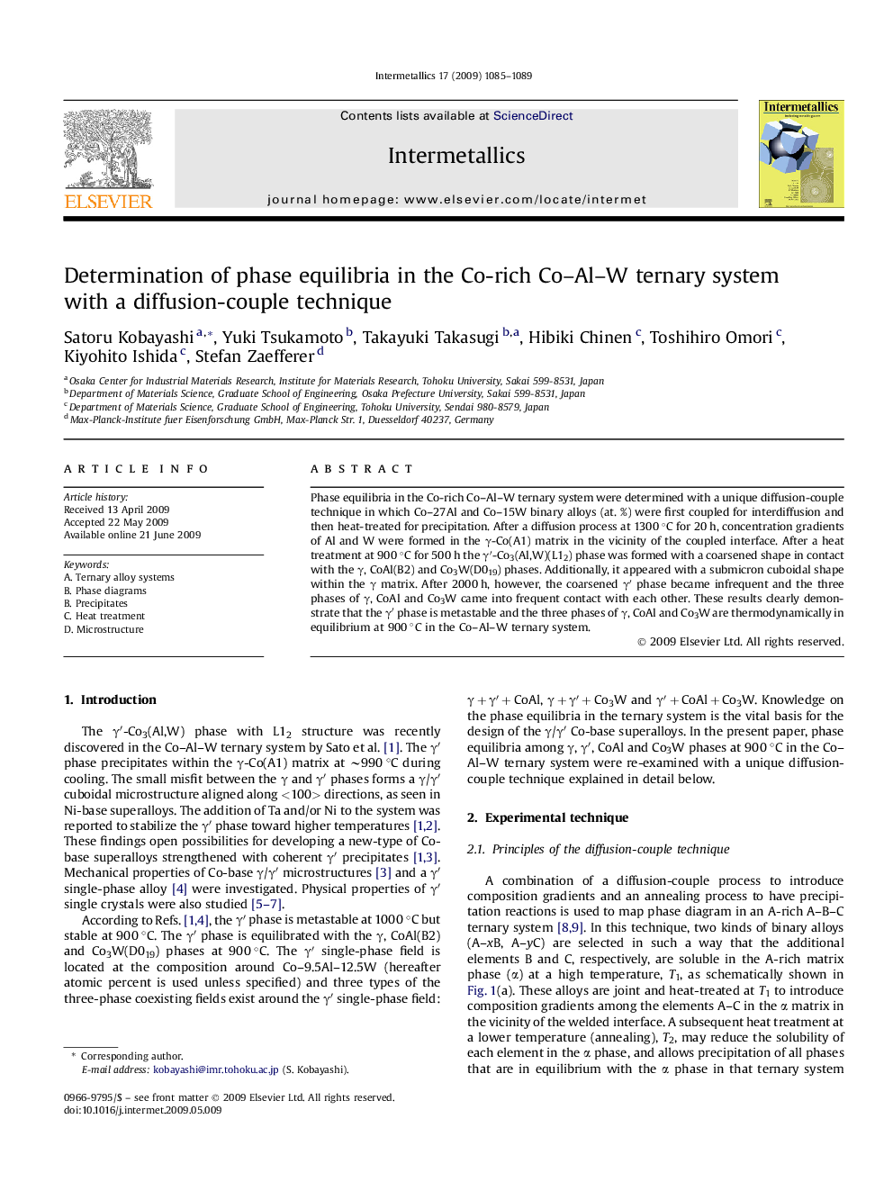 Determination of phase equilibria in the Co-rich Co–Al–W ternary system with a diffusion-couple technique