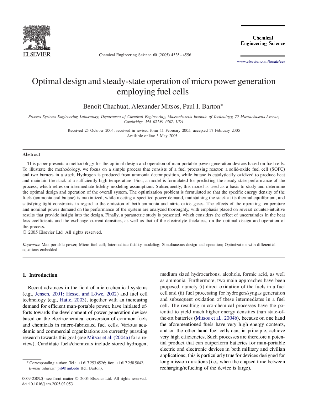 Optimal design and steady-state operation of micro power generation employing fuel cells