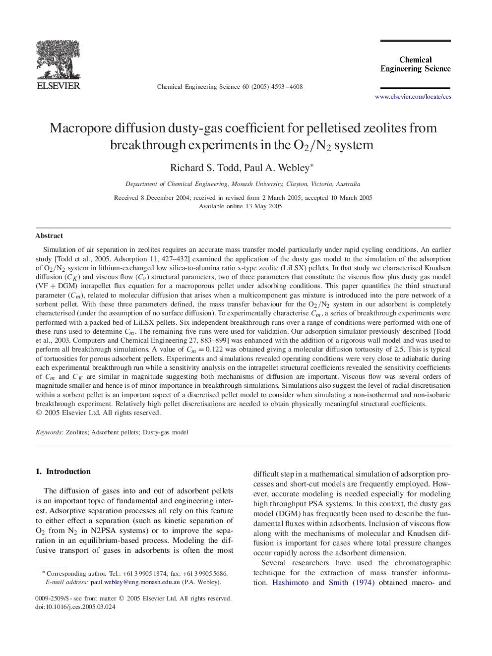 Macropore diffusion dusty-gas coefficient for pelletised zeolites from breakthrough experiments in the O2/N2O2/N2 system