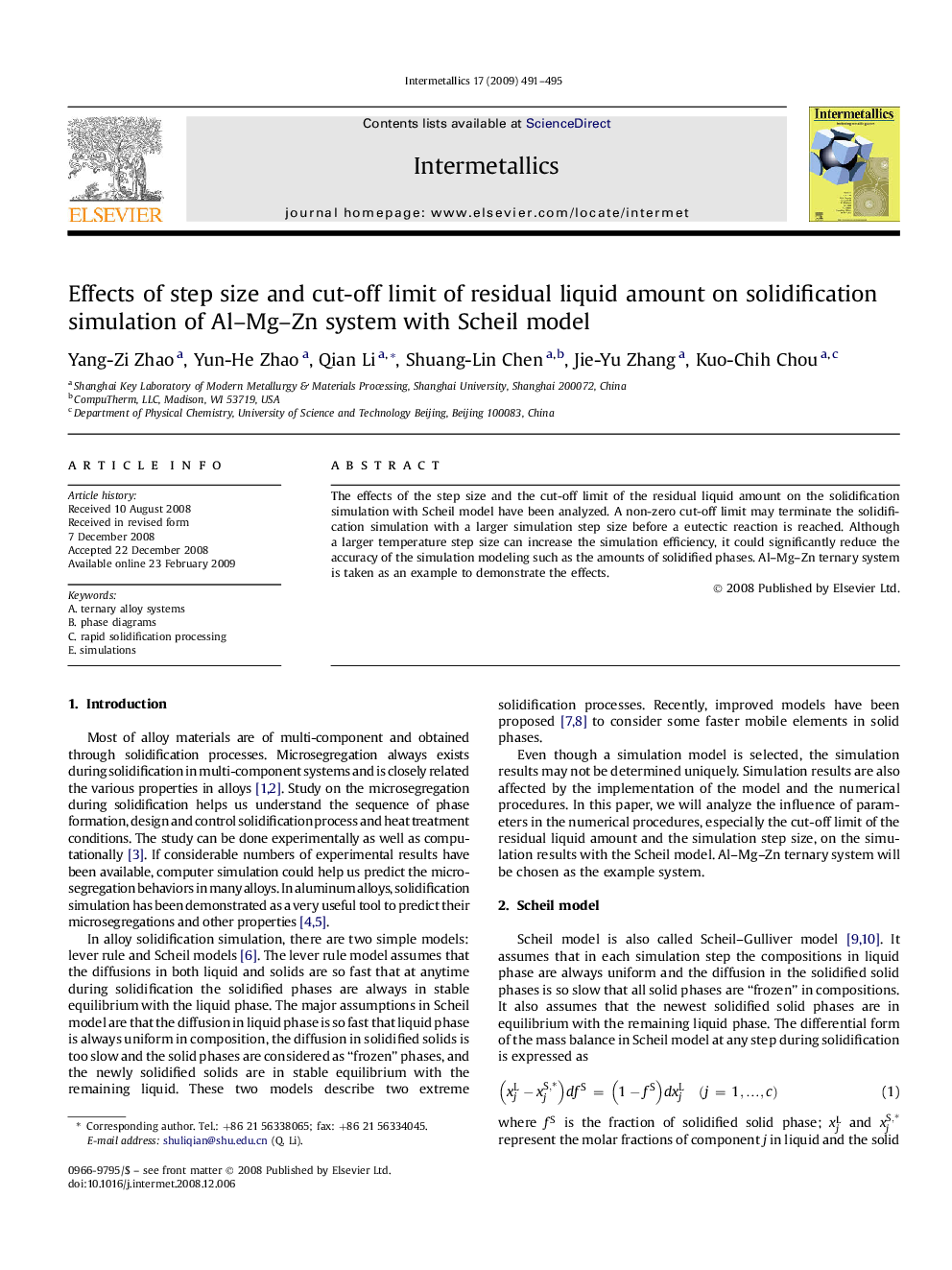 Effects of step size and cut-off limit of residual liquid amount on solidification simulation of Al-Mg-Zn system with Scheil model