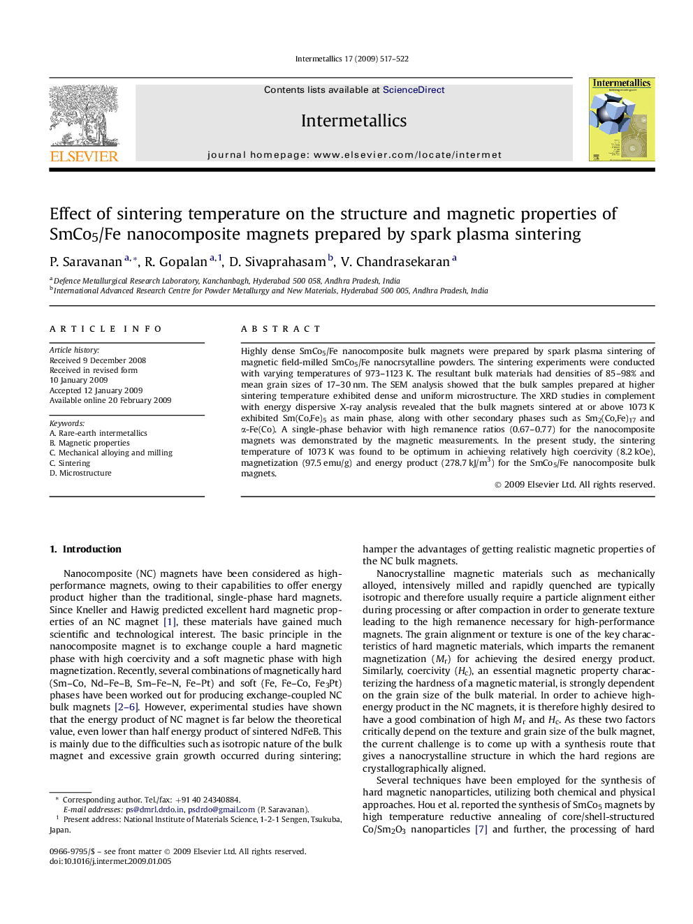 Effect of sintering temperature on the structure and magnetic properties of SmCo5/Fe nanocomposite magnets prepared by spark plasma sintering