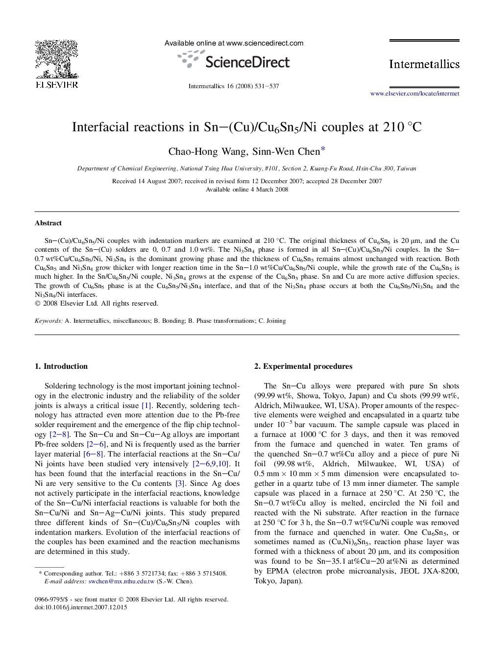 Interfacial reactions in Sn-(Cu)/Cu6Sn5/Ni couples at 210Â Â°C