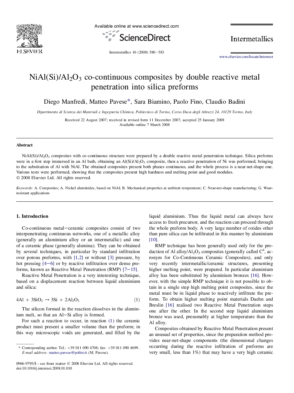 NiAl(Si)/Al2O3 co-continuous composites by double reactive metal penetration into silica preforms