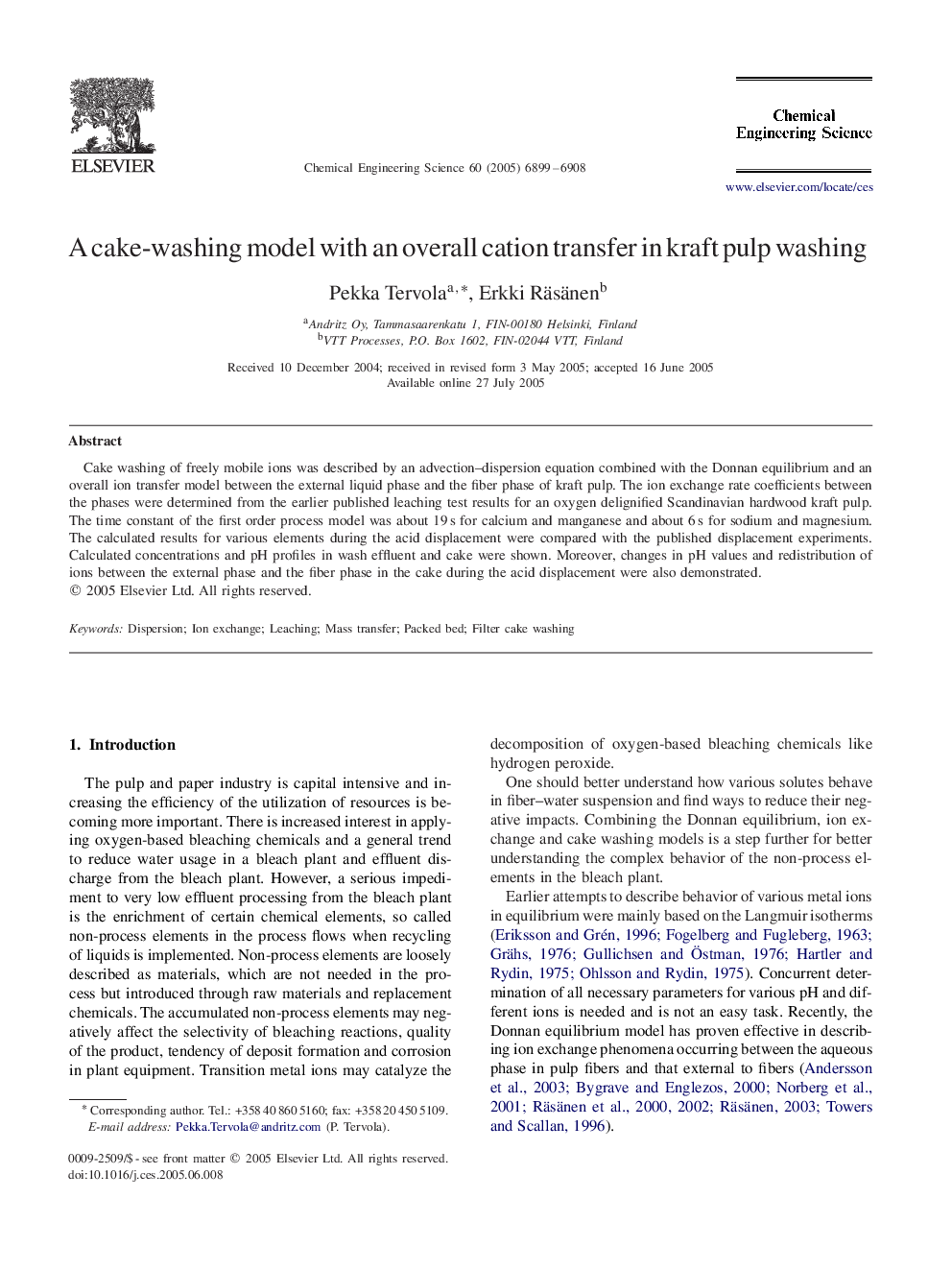 A cake-washing model with an overall cation transfer in kraft pulp washing