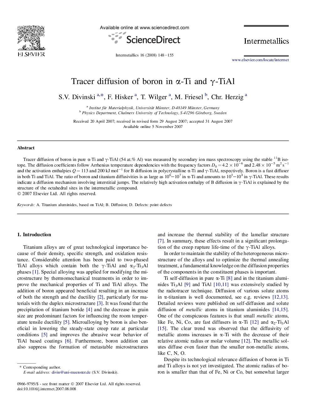 Tracer diffusion of boron in Î±-Ti and Î³-TiAl