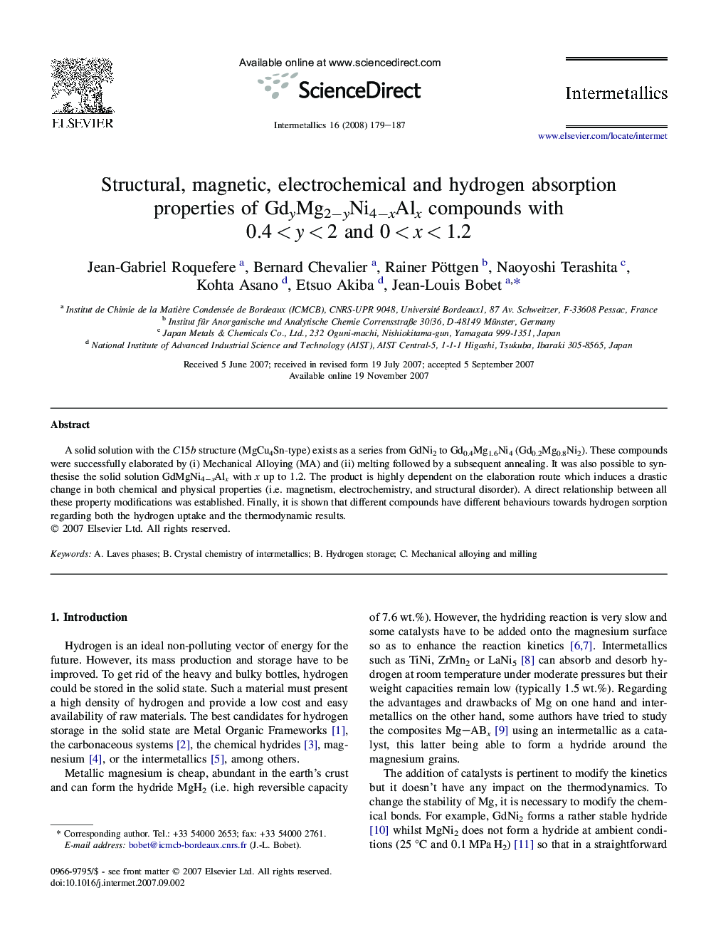 Structural, magnetic, electrochemical and hydrogen absorption properties of GdyMg2âyNi4âxAlx compounds with 0.4Â <Â yÂ <Â 2 and 0Â <Â xÂ <Â 1.2