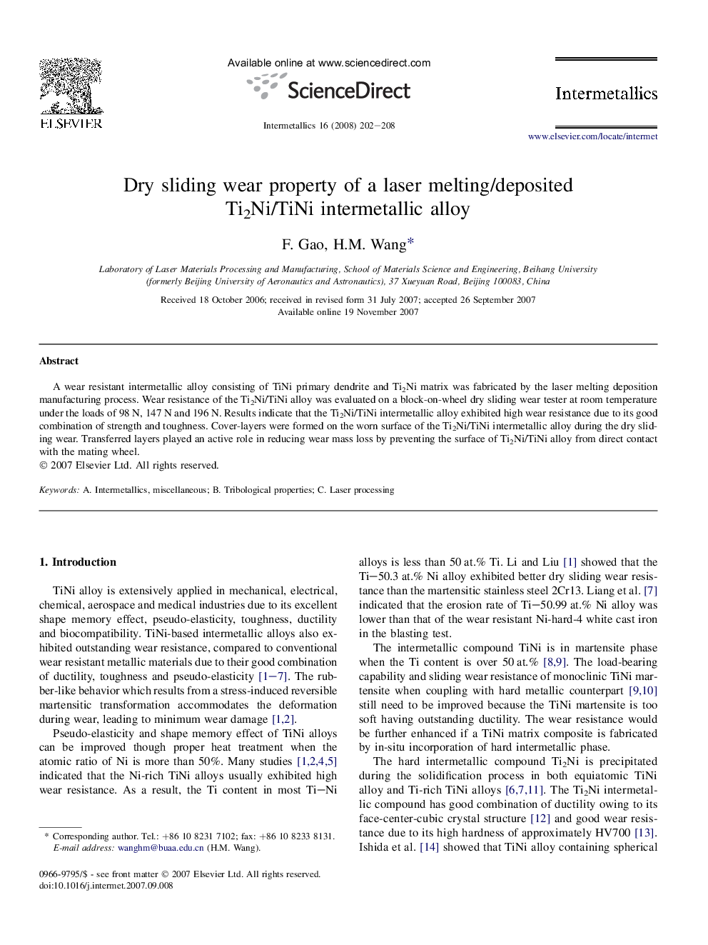 Dry sliding wear property of a laser melting/deposited Ti2Ni/TiNi intermetallic alloy