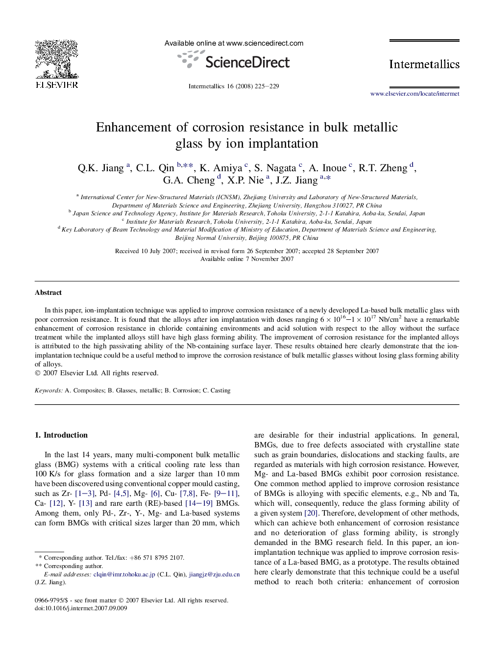 Enhancement of corrosion resistance in bulk metallic glass by ion implantation