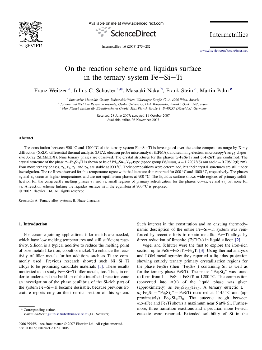 On the reaction scheme and liquidus surface in the ternary system Fe–Si–Ti