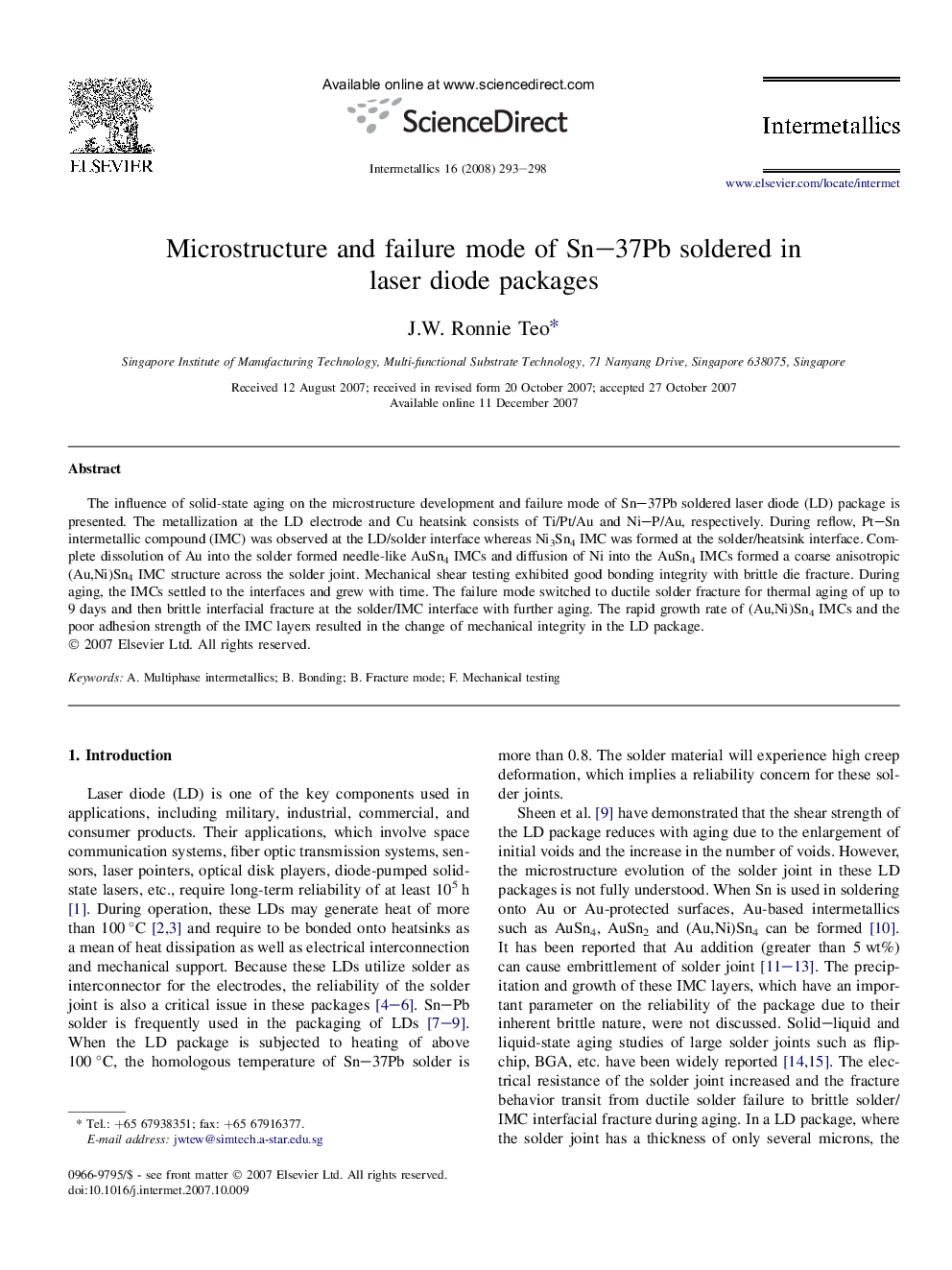 Microstructure and failure mode of Sn–37Pb soldered in laser diode packages