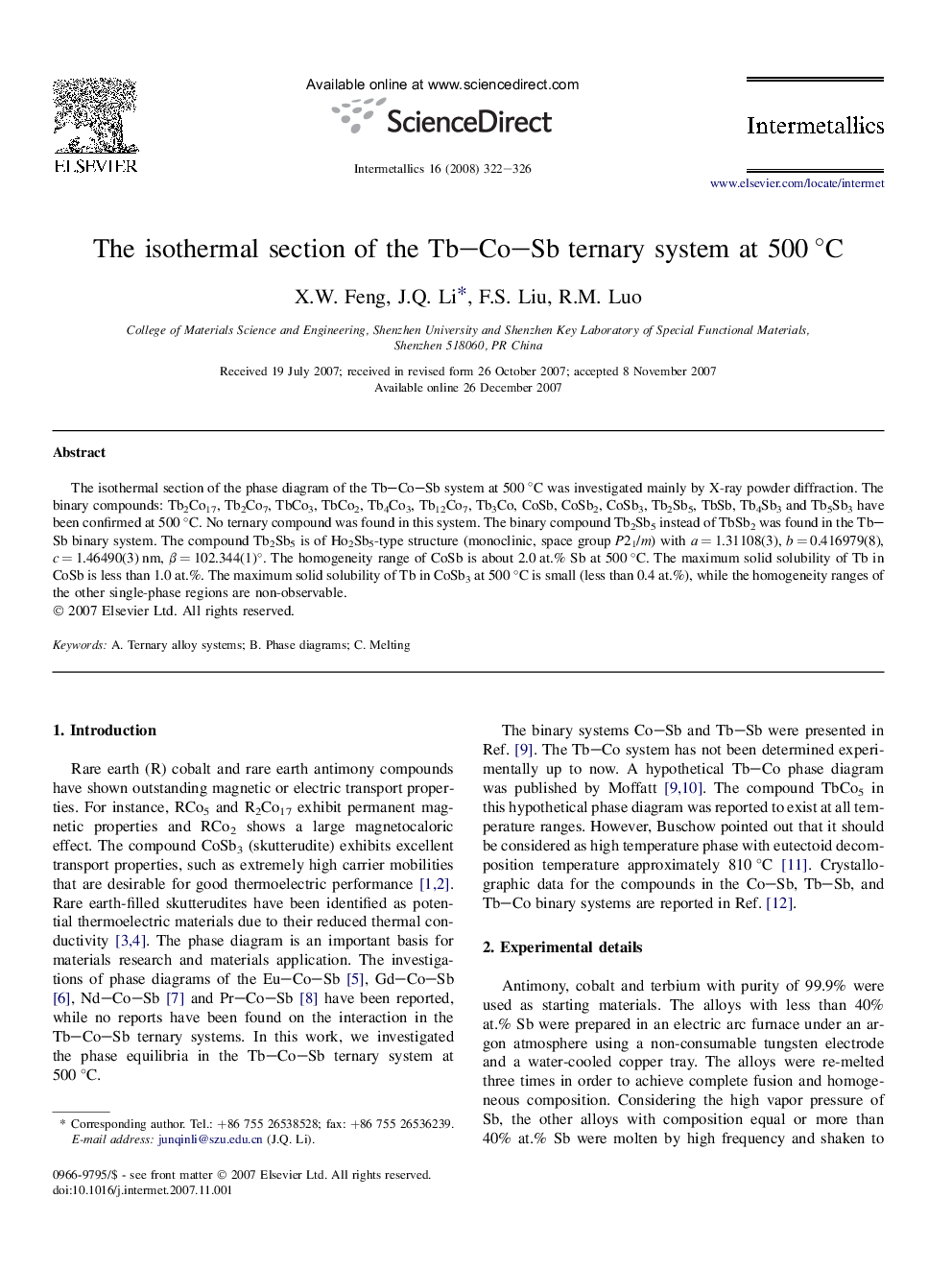The isothermal section of the Tb–Co–Sb ternary system at 500 °C