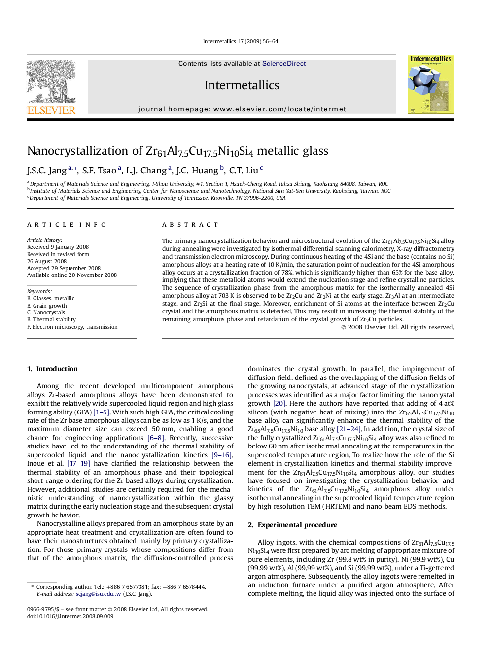 Nanocrystallization of Zr61Al7.5Cu17.5Ni10Si4 metallic glass