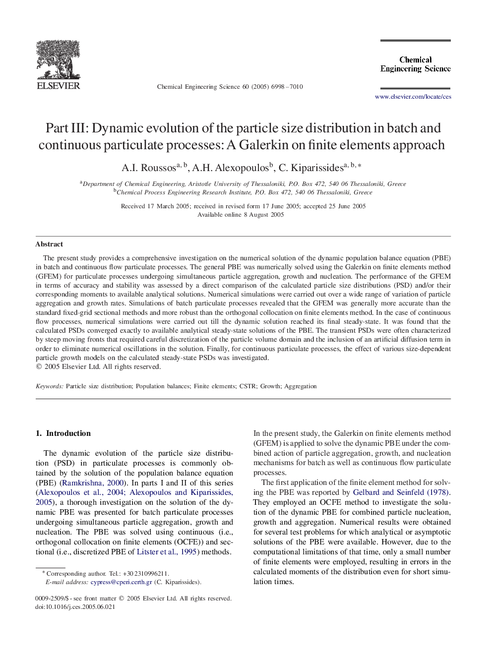 Part III: Dynamic evolution of the particle size distribution in batch and continuous particulate processes: A Galerkin on finite elements approach