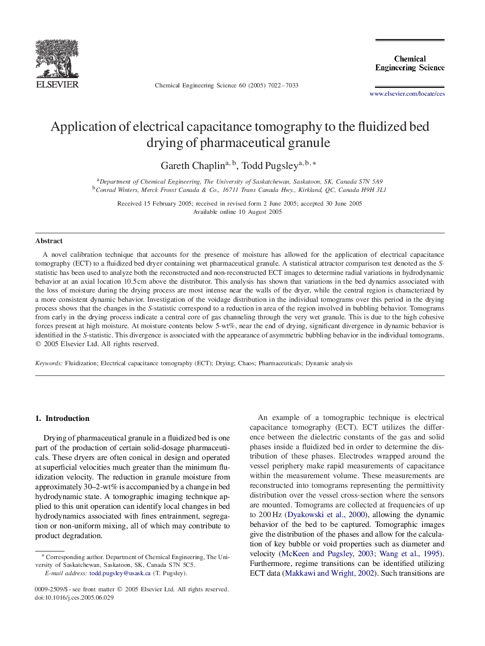 Application of electrical capacitance tomography to the fluidized bed drying of pharmaceutical granule