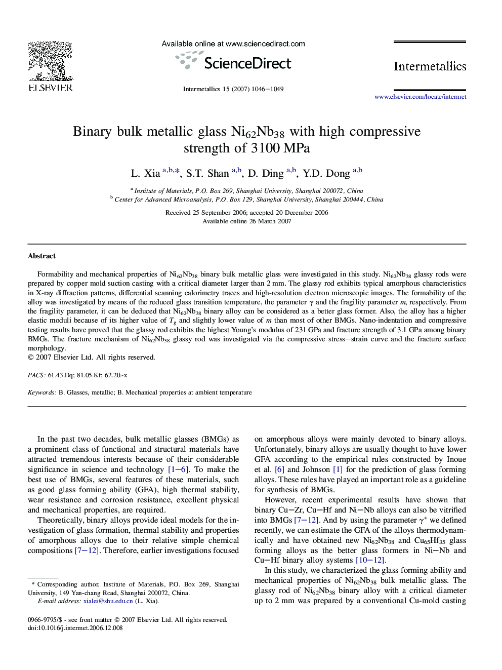 Binary bulk metallic glass Ni62Nb38 with high compressive strength of 3100 MPa