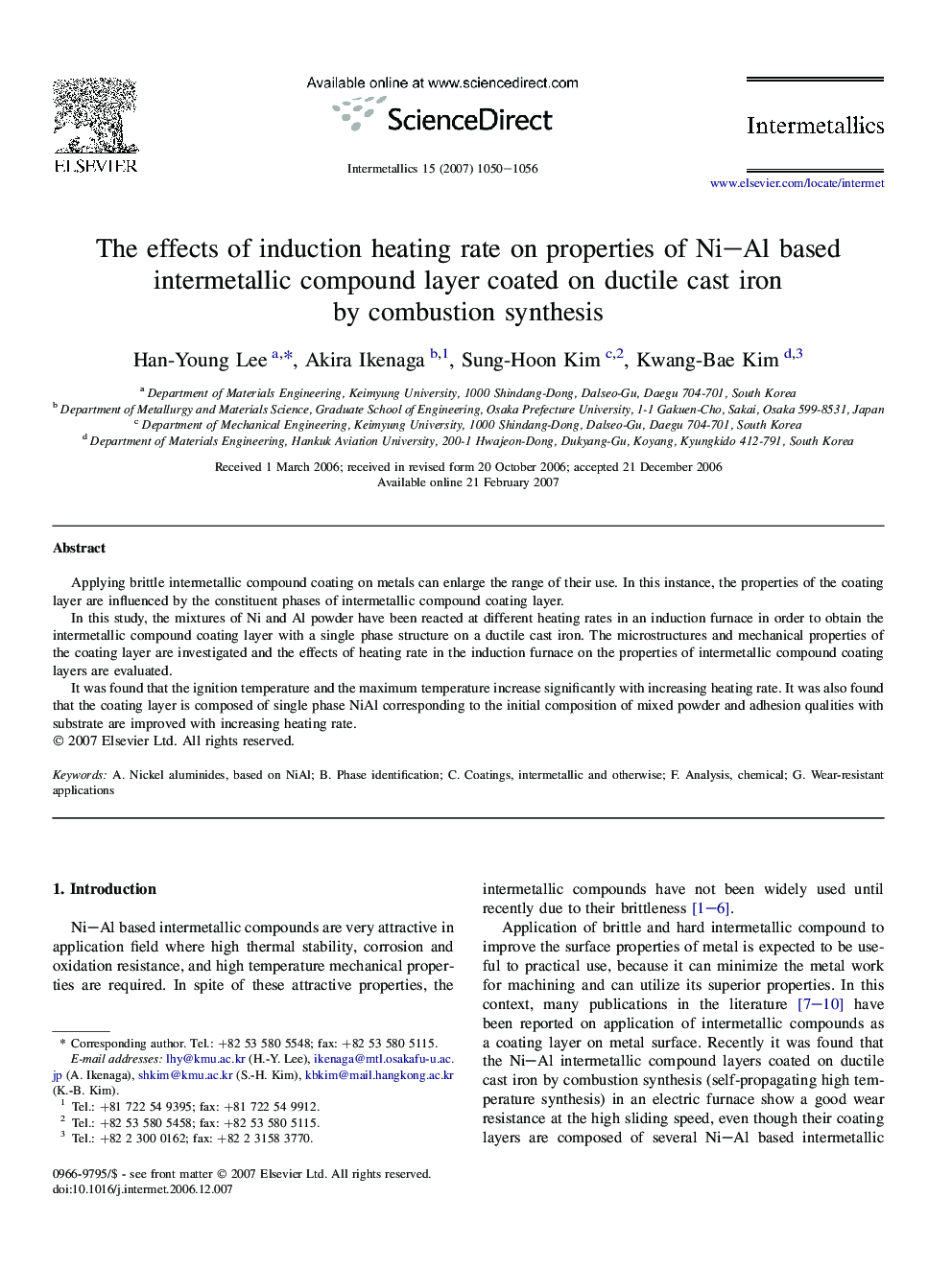 The effects of induction heating rate on properties of Ni–Al based intermetallic compound layer coated on ductile cast iron by combustion synthesis