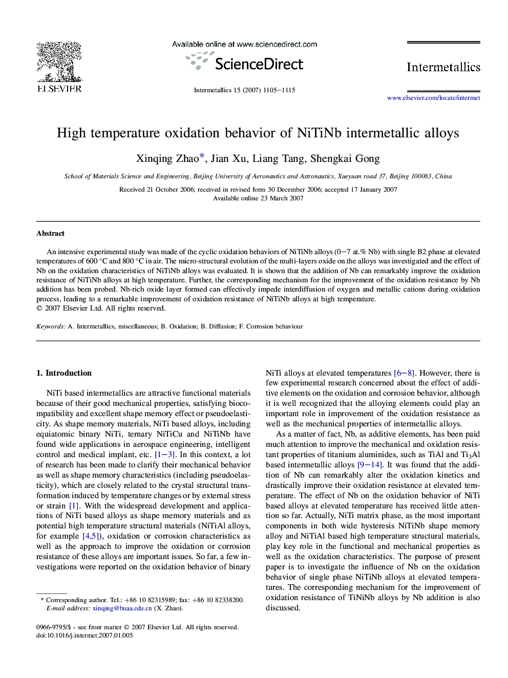 High temperature oxidation behavior of NiTiNb intermetallic alloys