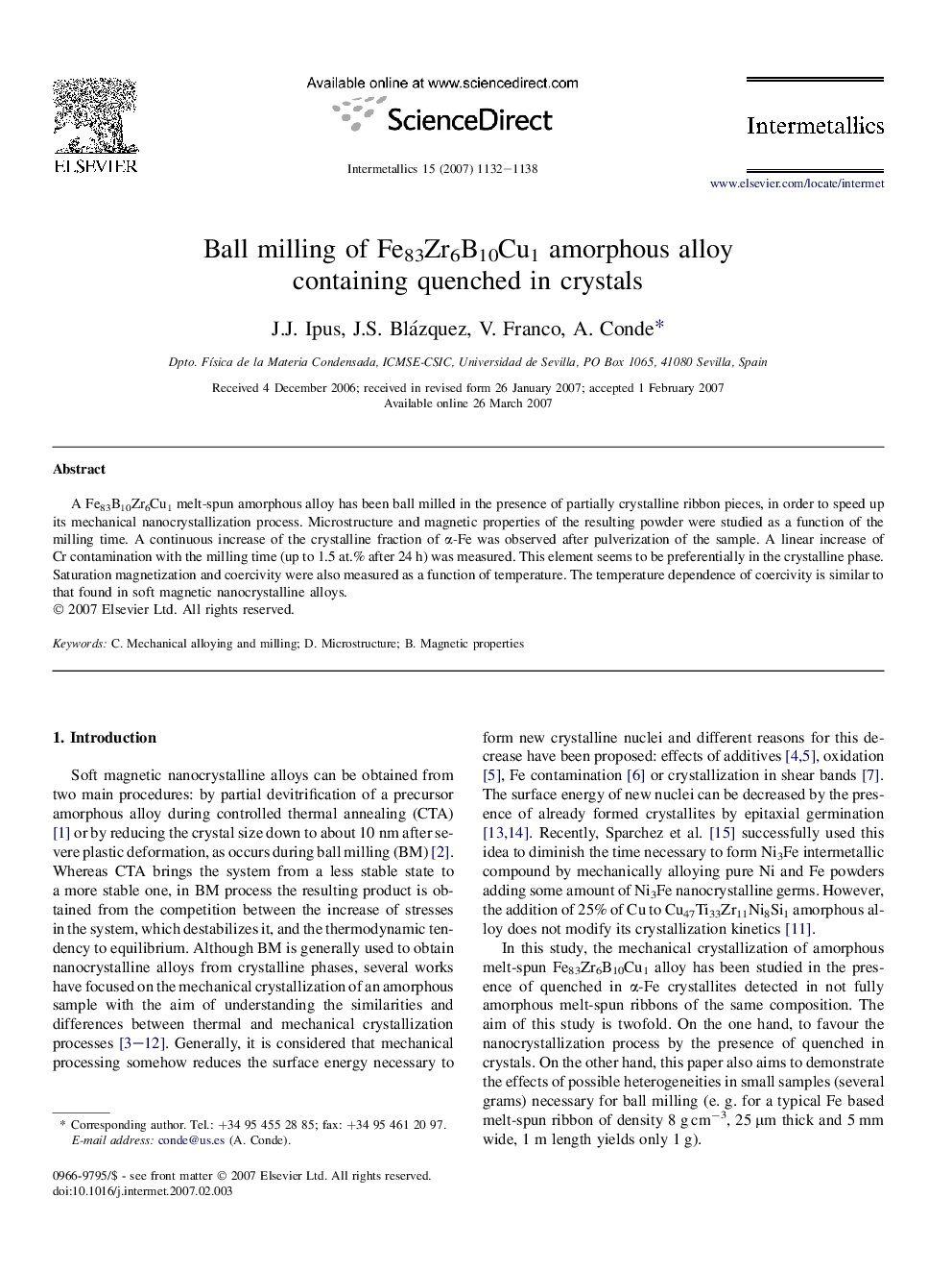 Ball milling of Fe83Zr6B10Cu1 amorphous alloy containing quenched in crystals