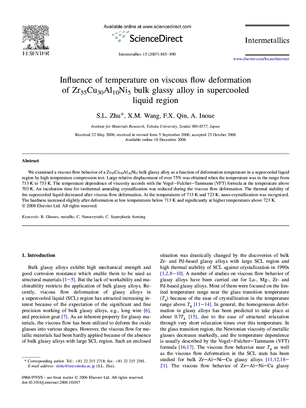 Influence of temperature on viscous flow deformation of Zr55Cu30Al10Ni5 bulk glassy alloy in supercooled liquid region