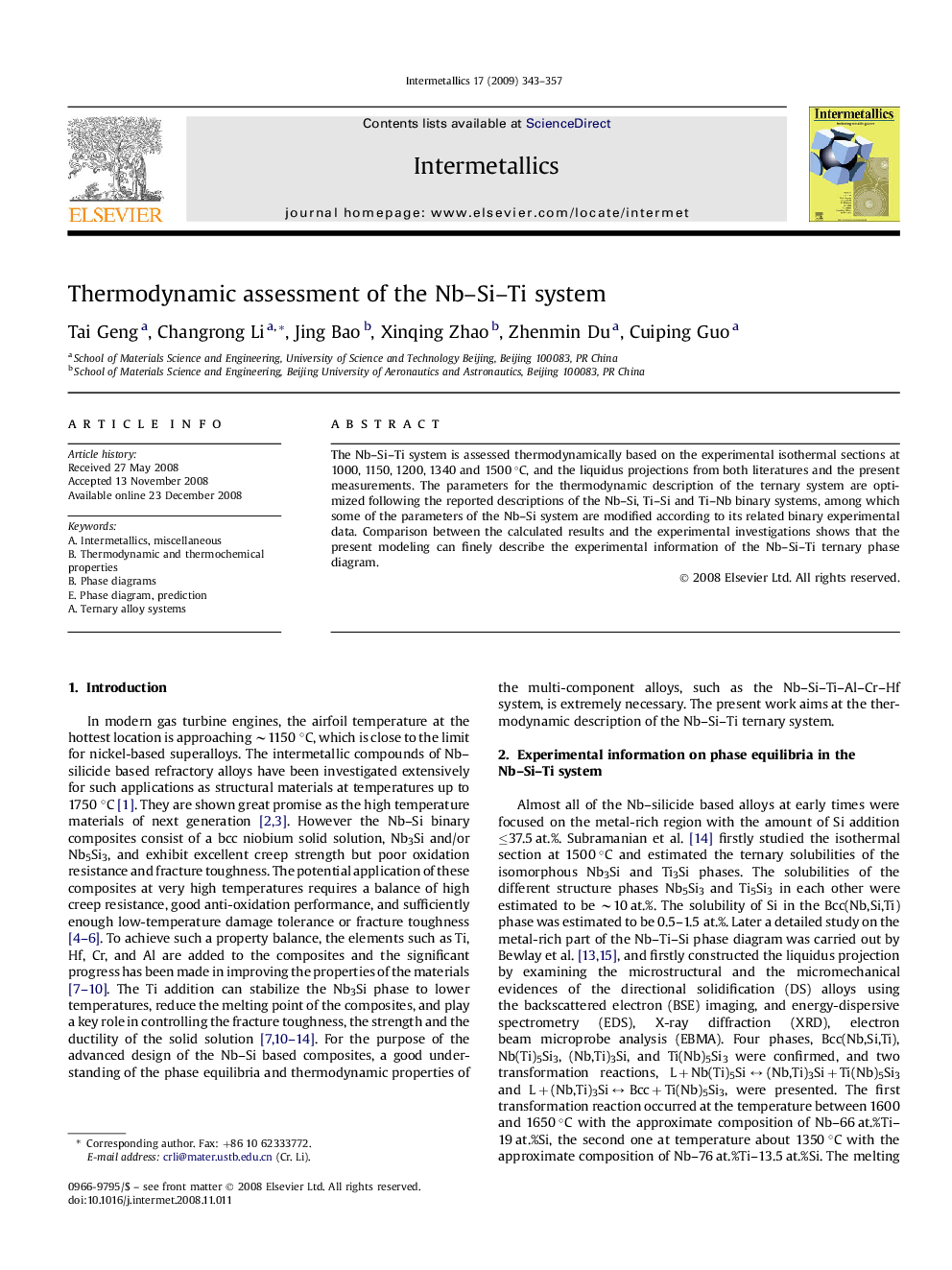 Thermodynamic assessment of the Nb–Si–Ti system