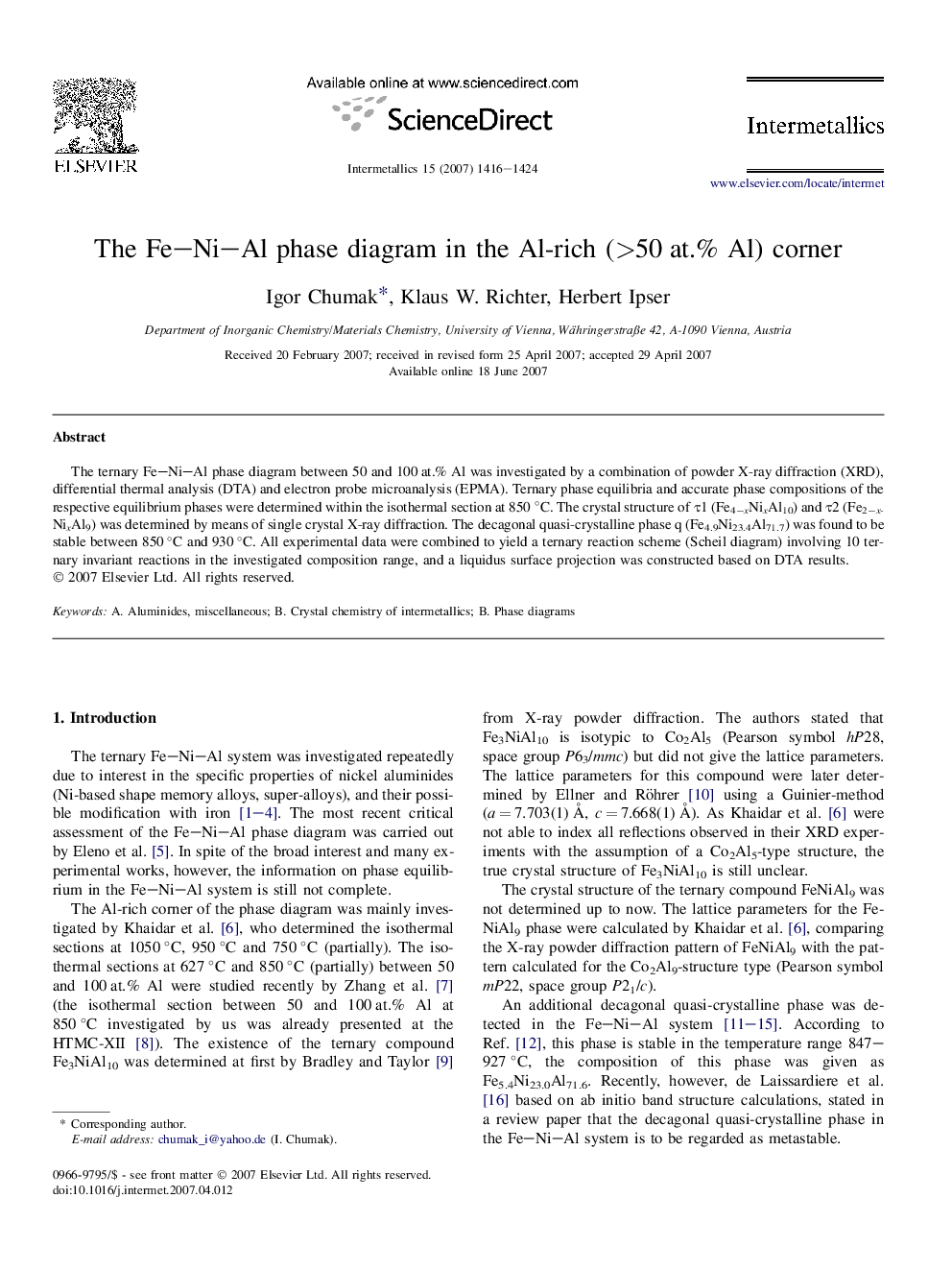 The Fe–Ni–Al phase diagram in the Al-rich (>50 at.% Al) corner