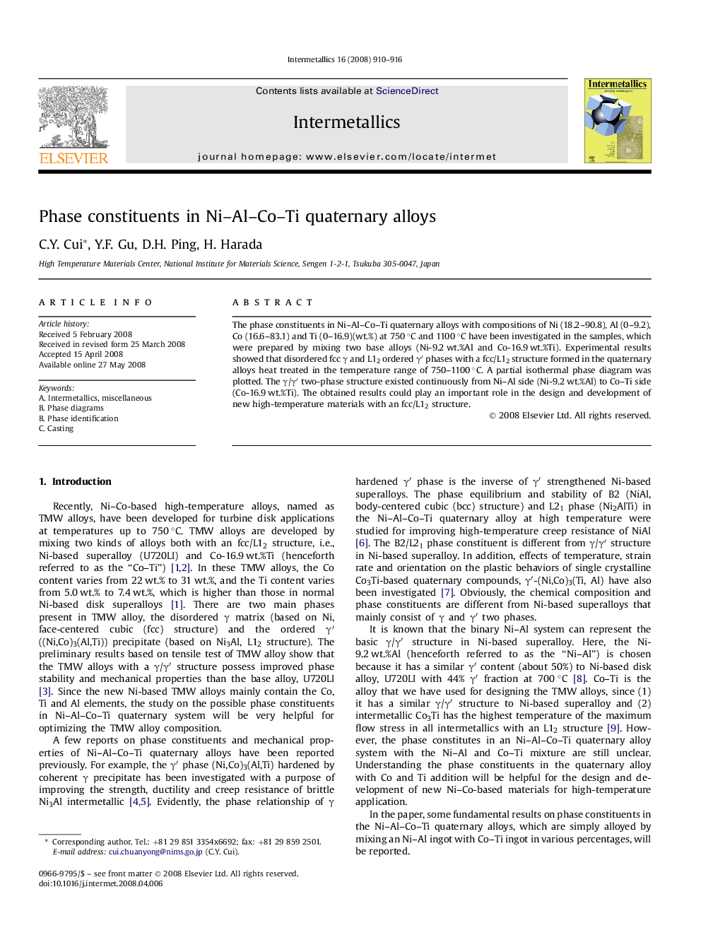 Phase constituents in Ni–Al–Co–Ti quaternary alloys