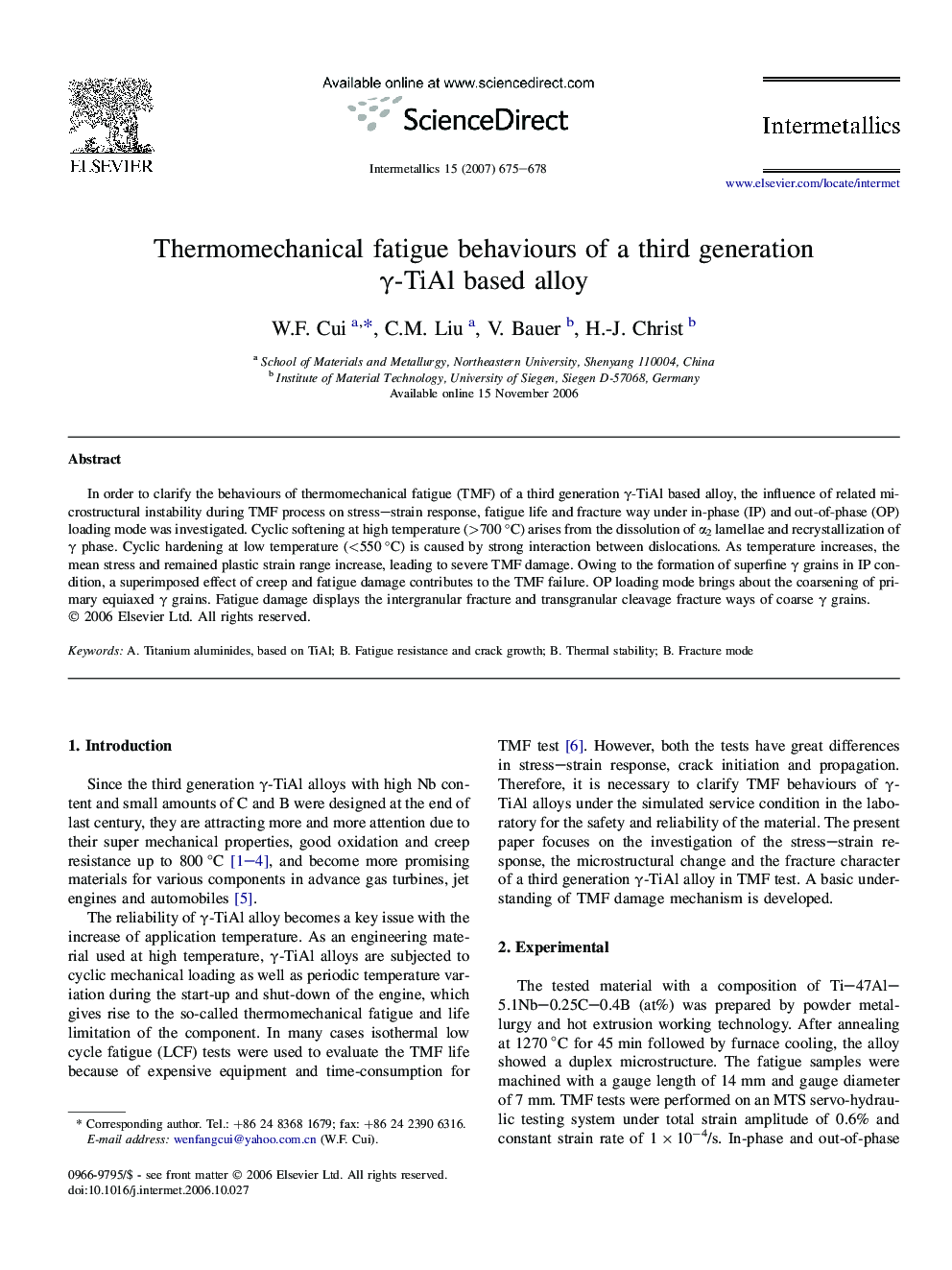 Thermomechanical fatigue behaviours of a third generation γ-TiAl based alloy