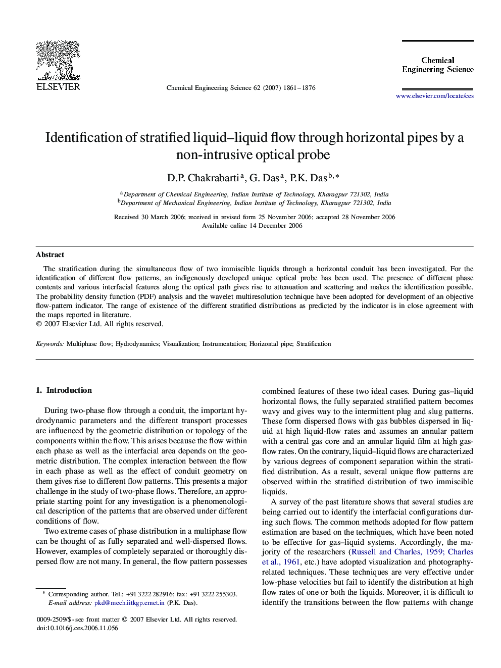 Identification of stratified liquid–liquid flow through horizontal pipes by a non-intrusive optical probe