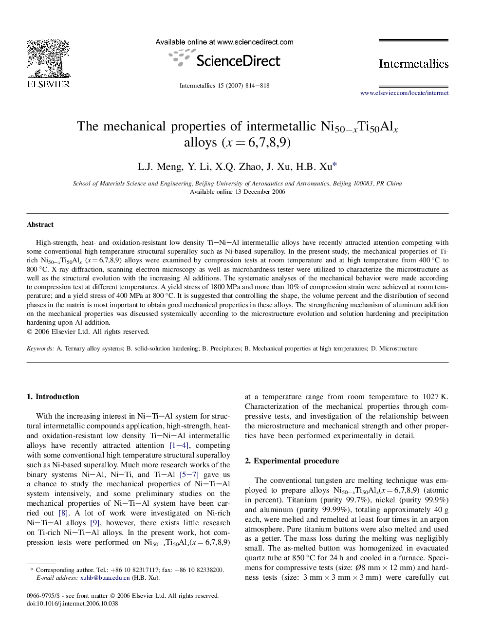 The mechanical properties of intermetallic Ni50−xTi50Alx alloys (x = 6,7,8,9)