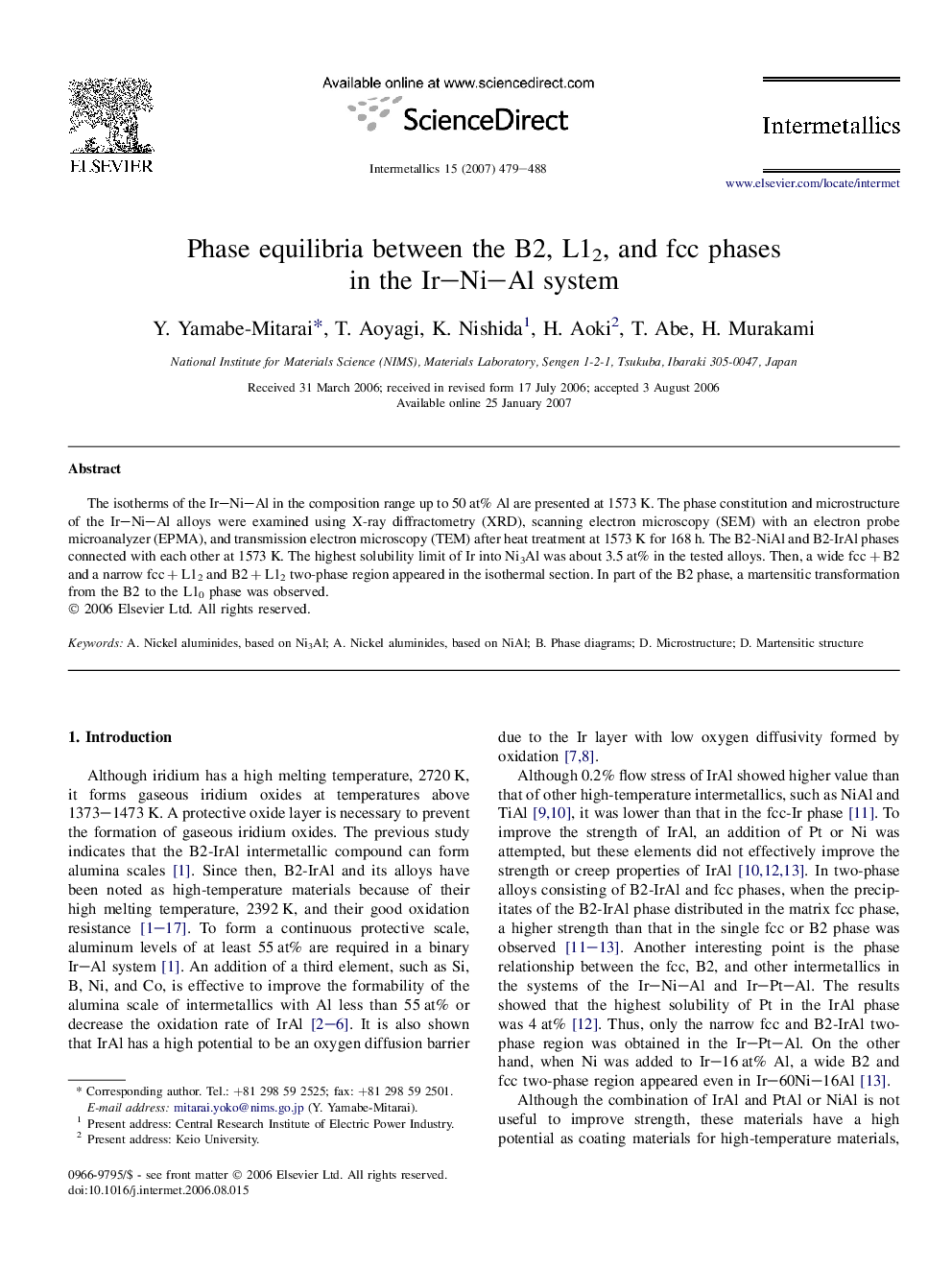 Phase equilibria between the B2, L12, and fcc phases in the Ir–Ni–Al system