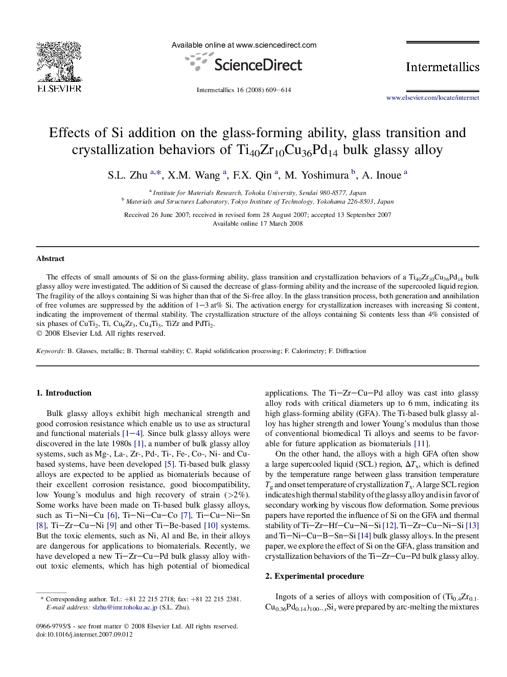 Effects of Si addition on the glass-forming ability, glass transition and crystallization behaviors of Ti40Zr10Cu36Pd14 bulk glassy alloy