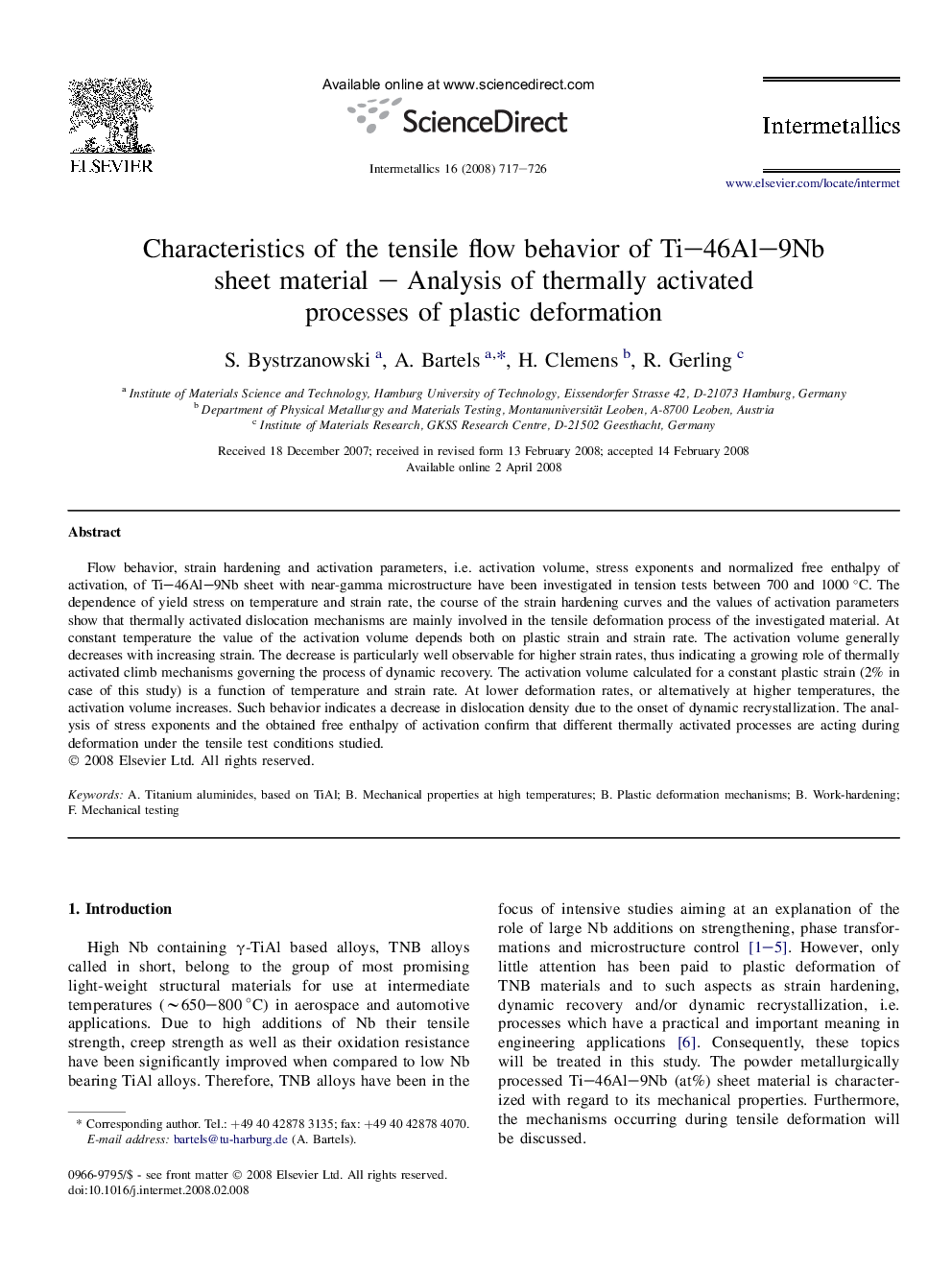 Characteristics of the tensile flow behavior of Ti-46Al-9Nb sheet material - Analysis of thermally activated processes of plastic deformation