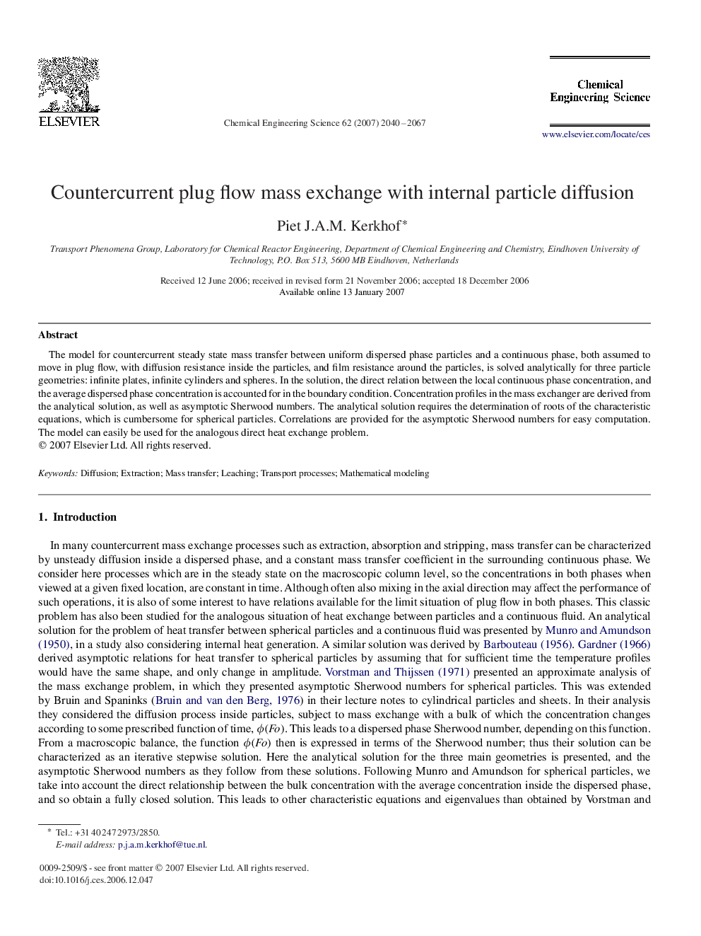 عکس صفحه اول مقاله: Countercurrent plug flow mass exchange with internal particle diffusion Countercurrent plug flow mass exchange with internal particle diffusion