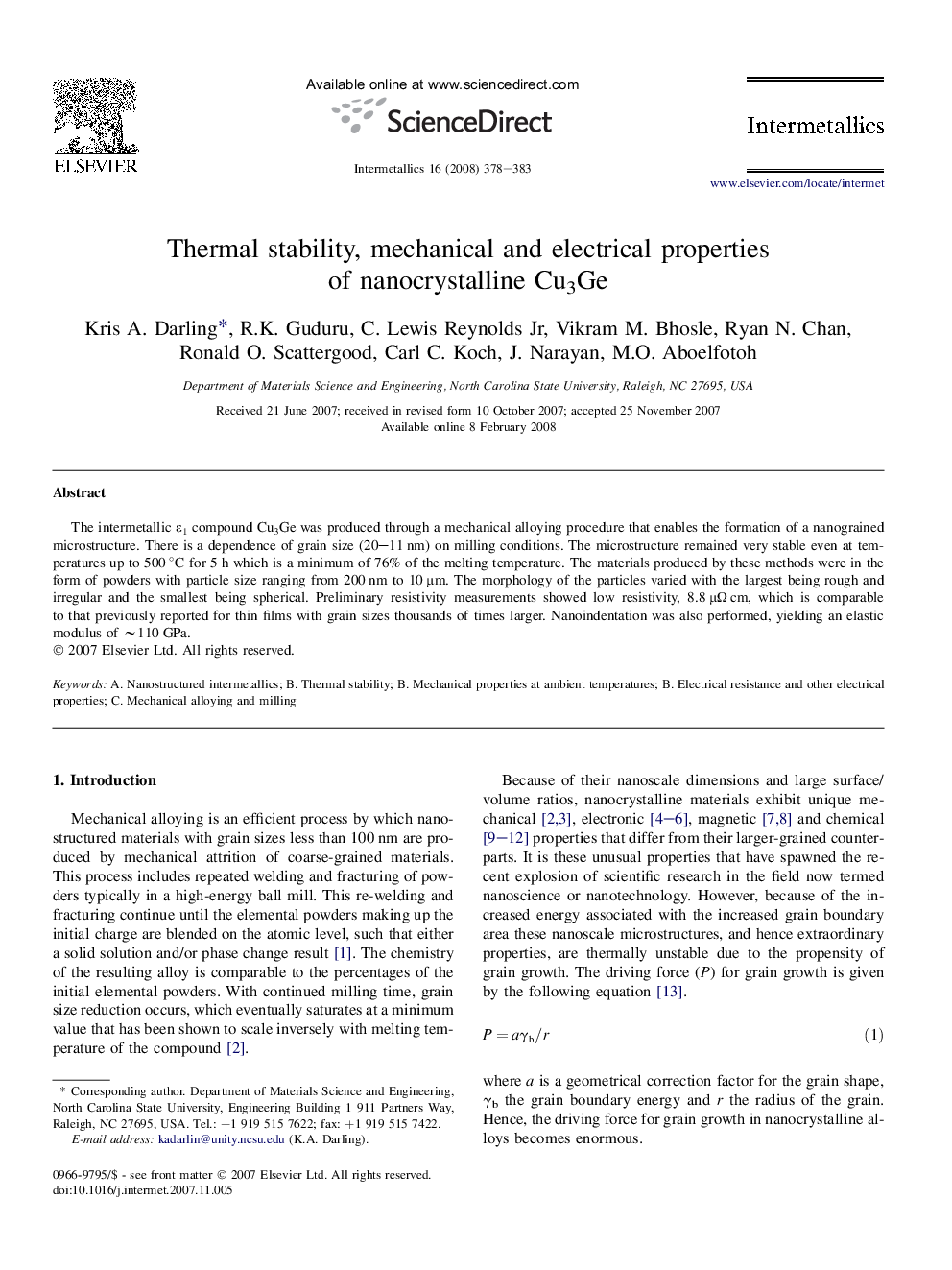 Thermal stability, mechanical and electrical properties of nanocrystalline Cu3Ge