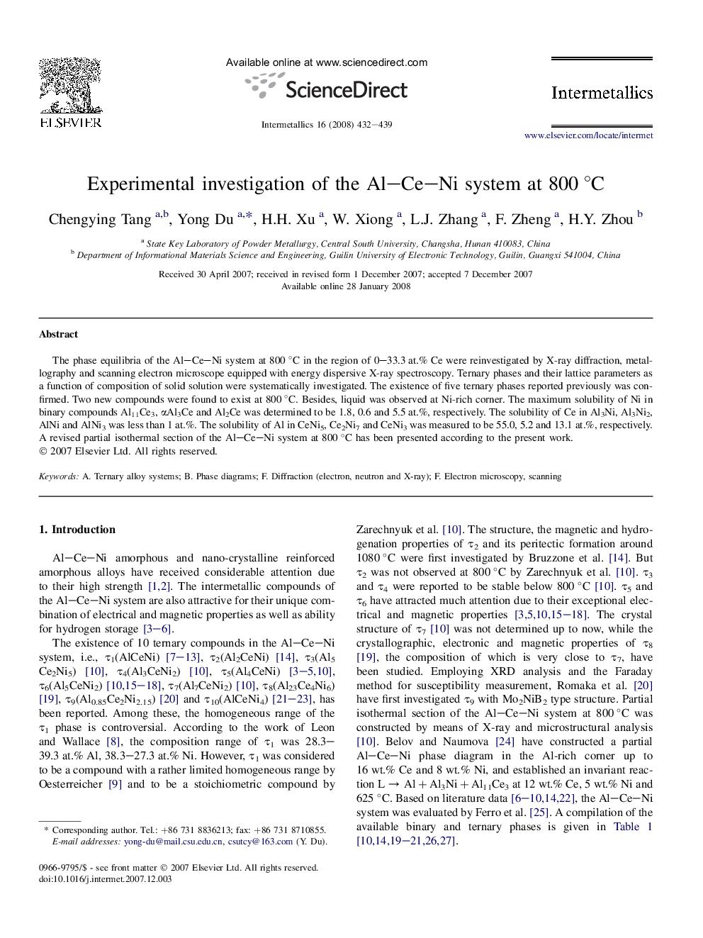 Experimental investigation of the Al-Ce-Ni system at 800Â Â°C