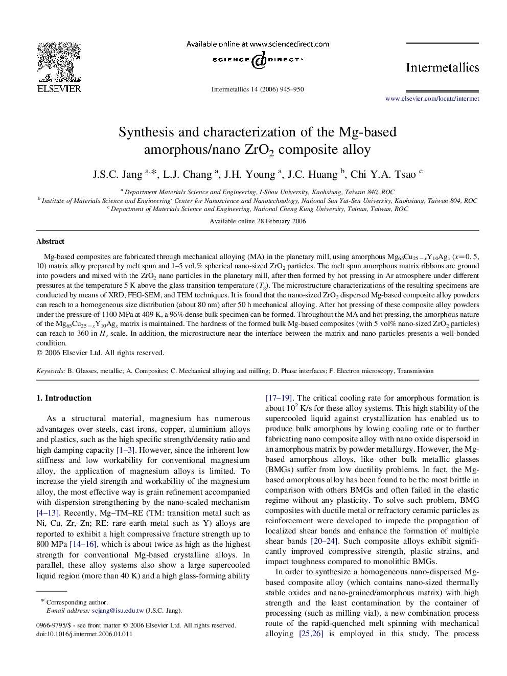 Synthesis and characterization of the Mg-based amorphous/nano ZrO2 composite alloy