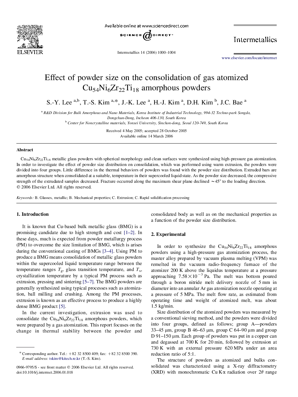 Effect of powder size on the consolidation of gas atomized Cu54Ni6Zr22Ti18 amorphous powders