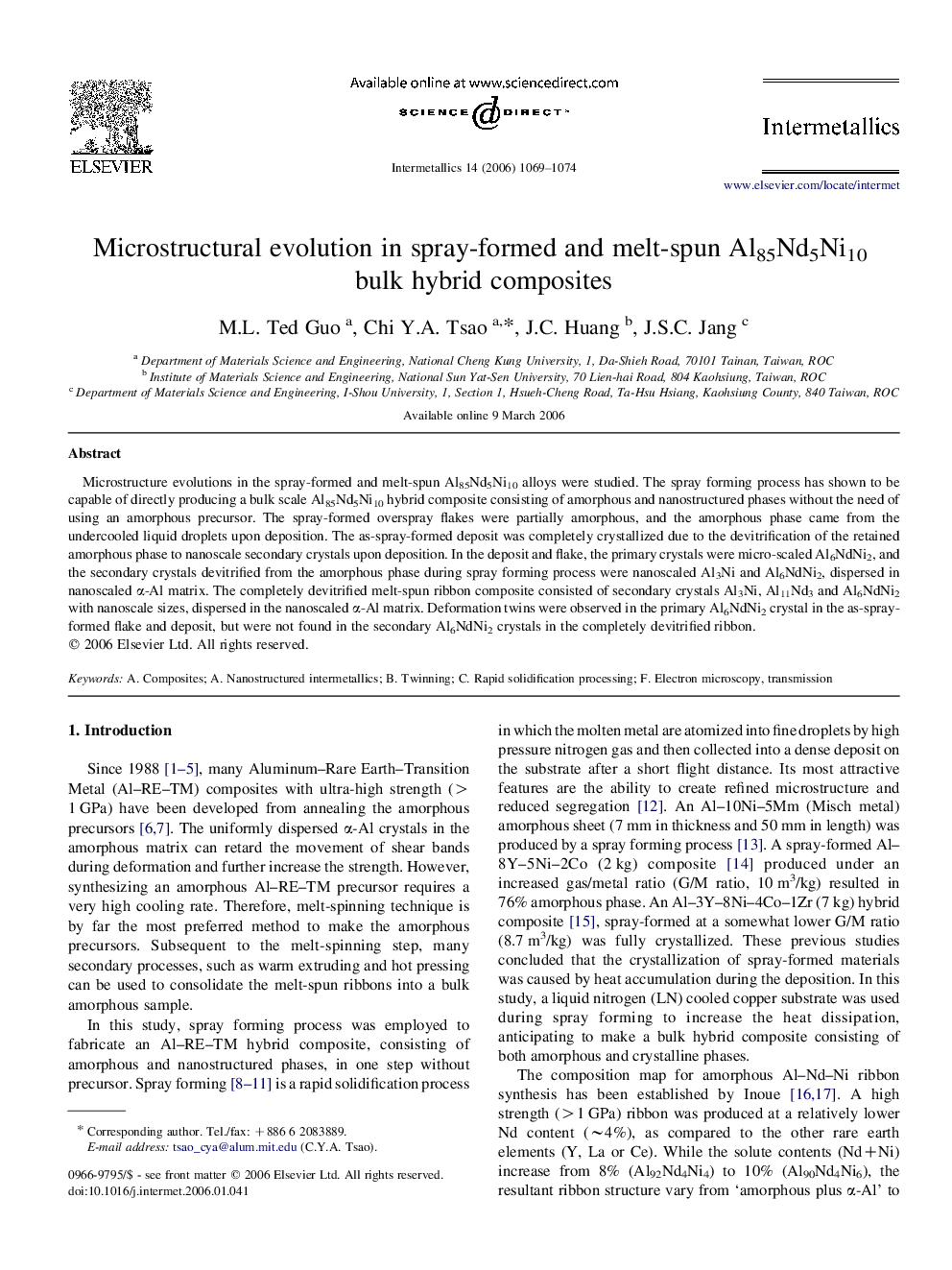 Microstructural evolution in spray-formed and melt-spun Al85Nd5Ni10 bulk hybrid composites